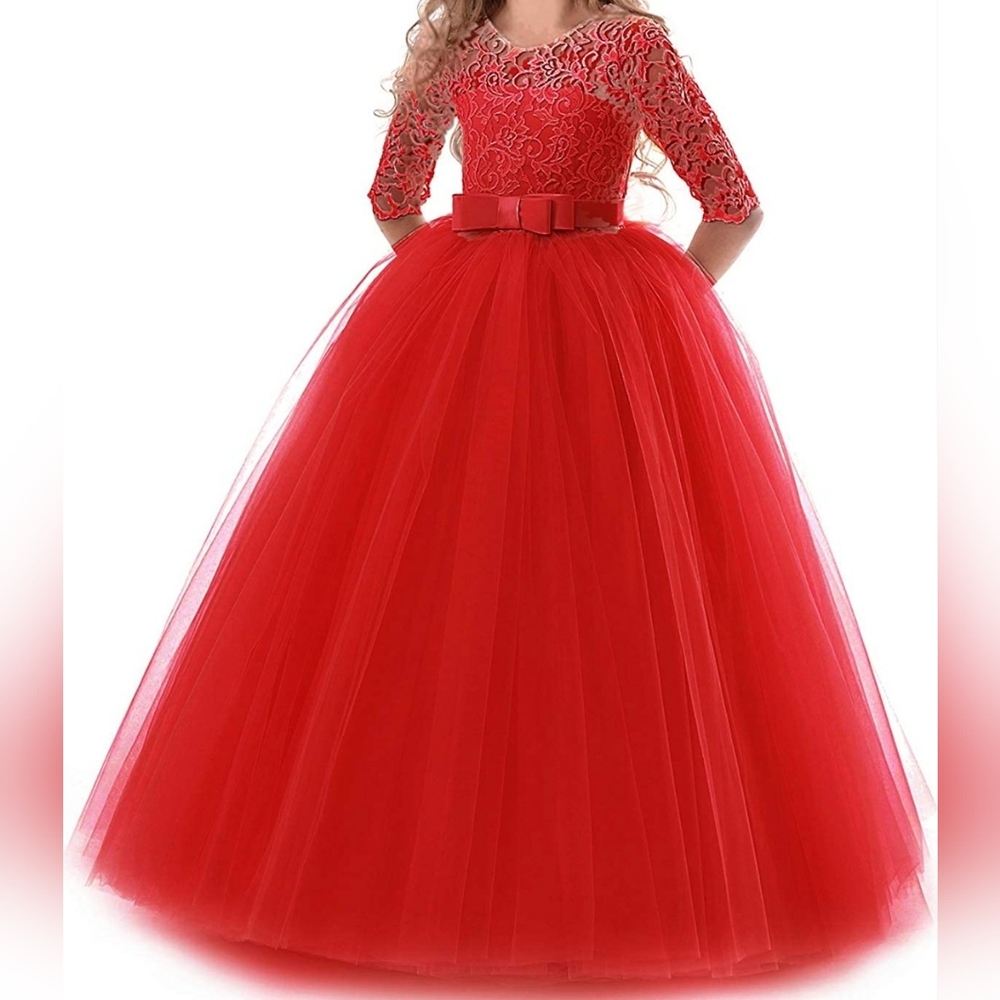 NWT - Size 9/10 Girls Mid-sleeve Red Lace and Tulle Pageant Dress